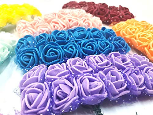Perlin Schaumrosen mit Stiel Schaum Foam Blumen 7 Farben Mix Foamrosen Brautstrauß Rosenstrauß für Hochzeit Party Feier 96 Stück
