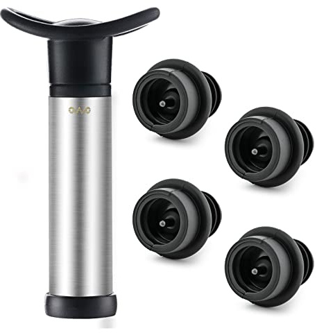 OWO Wine Vacuum Pump and 4 Stopper, Wine Save & Preserver, Reusable Air Remover Pump, Keeps Fresh (Stainless Steel)