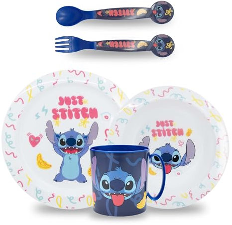 Sorrisini Vajilla Infantil Lilo, Vajilla Reutilizable Apta Para Microondas, Juego de Desayuno de Platos Irrompibles de Plástico, Plato, Cuenco para Cereal, Cubiertos, Taza 360ml, sin BPA