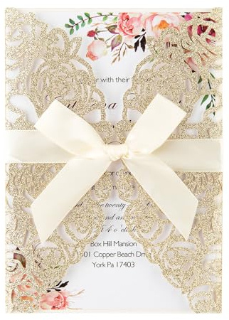 AdasBridal 50Pcs Laser Cut Invitations with Envelopes and RSVP Cards Gold Glitter Hollow Rose Shape Wedding Invitation with Pre-tied Ribbons for Wedding Quinceanera Bridal Shower Engagement Party