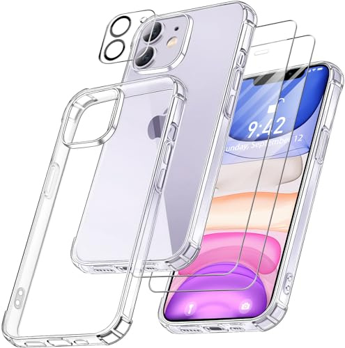 FLLAO 4 en 1 Coque pour iPhone 11 avec 2 Verre Trempé et 1 Caméra Protecteur, [Coussin d'air Intégré] Antichoc Antirayures Bumper Protection Housse pour iPhone 11 6.1, Transparent