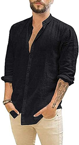 Camisa de Lino Camisa de Lino de Manga Larga para Hombre Camisa Casual Ajuste Negocios Casual Vacaciones Negro L