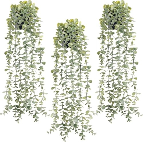 Der Rose 3 Piezas Plantas Falsas Colgantes Decoración Artificial Plantas de Eucalipto en Maceta Falsas para Baño Boho Hogar Oficina Escritorio Estante de Pared Estantería Accesorios Decoración