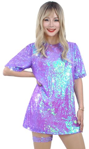 Muztagata Sequin T-Shirt Dress Sparkly Casual Short Sleeve Party Club Blouse Outfit Costume