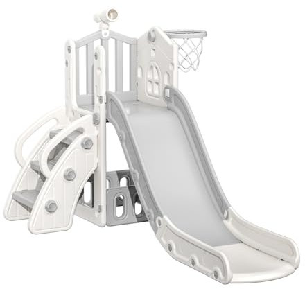 FUKEA 5-in-1 Kids Slide, Toddler Castle Slide with Stairs, Storage Box, Basketball Hoop, Telescope, Garden Large Slide Playground for Toddlers age 1-6
