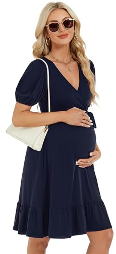MODIURBAN Robe de grossesse pour femme - Col en V - Manches courtes - Robe d'allaitement - Taille haute - Volants - Robe de grossesse avec ceinture (emballage réutilisable), bleu foncé, XL