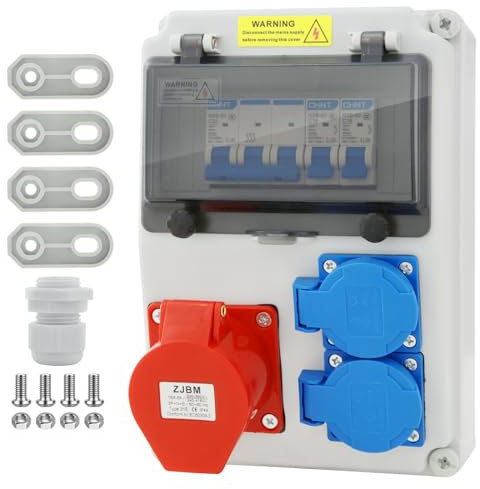Quadro elettrico da cantiere 230V professionale, distributore a parete 16A con interruttore automatico, 2 prese Schuko e presa CEE, IP66, kit completo per officine e cantieri