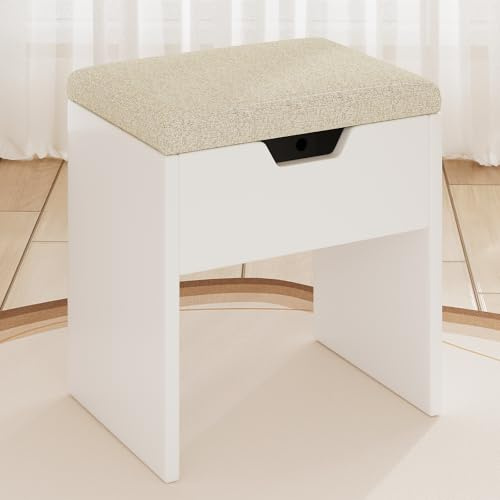 Devoko Taburete Tocador, Silla de Tocador Maquillaje con Almacenaje, Taburete para Tocador Maquillaje Tapizado Moderno, para Dormitorio, Vestidor, Entrada, Blanco
