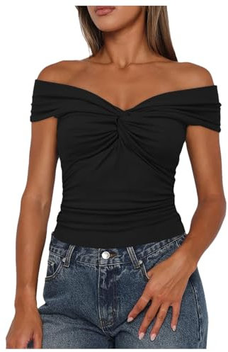 Generisch 2025 - Camisetas sin mangas de verano para mujer con nudo frontal, hombros descubiertos, mangas caídas, camisas de corte estrecho, camisa de mujer, Negro , L