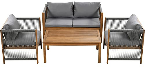 Loungeset, Gartenmöbel Set, mit bequemem Kissen, Sitzgruppe, Sitzgarnitur Terassenmöbel, Doppelsofa, 2 Sessel und Tisch, Outdoor, Tisch und Stühle, Rattenoptik, Akazie, Grau