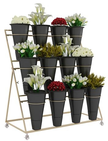 Soporte de plantas de metal de varios niveles con cubo: carro de exhibición de flores móvil y versátil para uso en interiores y exteriores, ideal para exposiciones de flores y plantas