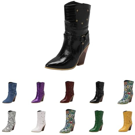 Högklackade ankelstövlar blockklack – cowboystövlar dam läder – västerländska stövlar spetsiga tåparti halvstövlar färgglada ridstövlar lång skaft slip-stövlar eleganta PU-lärande stövlar, svart, 39