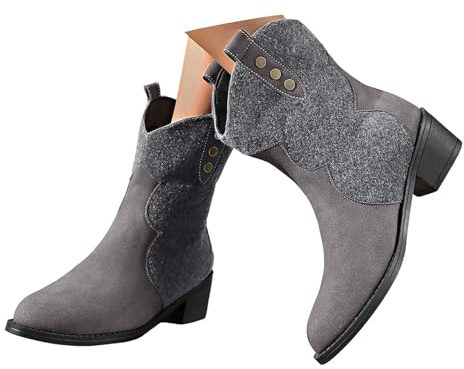 Xbemkste Stivaletti da donna con tacco, eleganti stivali da cowboy, con gambo corto, stile occidentale, stile vintage, medio-alto, da donna, grigio., 38.5 EU