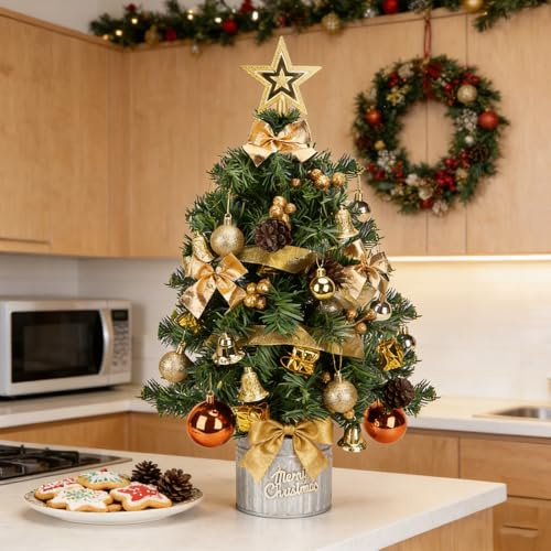 Aigostar Árbol de Navidad Pequeño 60cm, Mini Christmas Tree con 48 Adornos Colgantes, Ideal para la Decoración Navideña del Interior del Hogar