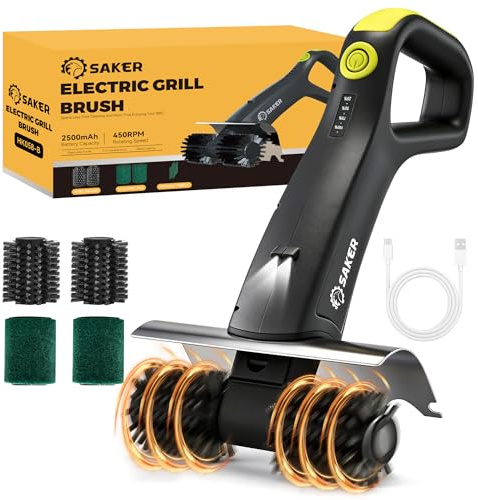 Cepillo de parrilla eléctrico Saker con 450 RPM y luz LED | Cepillo de limpieza de parrilla sin enredos con rodillo duradero | Kit completo de cepillo de 8 piezas y almohadilla de fregado | Regalo