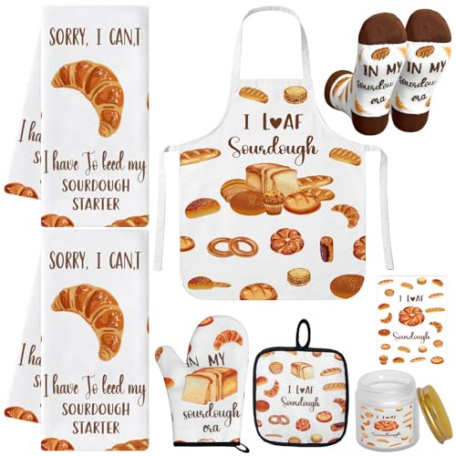 8 Pcs Sourdough Baking Gifts Sourdough Bread Lover Gift Include Towels Apron Oven Mitt Pot Holder Aromatherapy Candle Socks Greeting Card for Baking Lovers Bread Bakers Pastry Chef