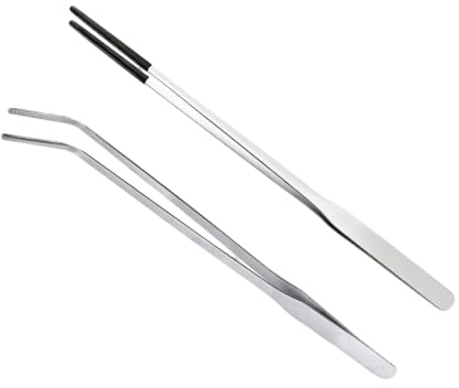 Reptile Feeding Tongs 2 Pcs, 27cm Straight Curved Stainless Tweezers | 2 piece reptile feeding tong set with straight and curved tips for safer and easier feeding in terrariums.