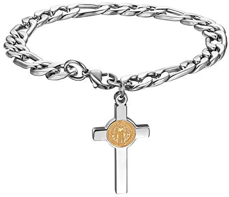 Flongo Herrenarmband Männer Panzerkette Rosenkranz Kette Armreif Armkette in Silber Ton mit Benediktussegen Saint Benedict Kreuz Kruzifix Anhänger Herren-Accessoires aus Edelstahl