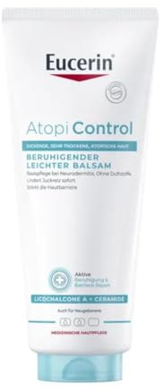 Eucerin AtopiControl Beruhigender Leichter Balsam 200 ml, Basis Hautpflege bei trockener und atopischer Haut, feuchtigkeitsspendende Körpercreme mit Ceramiden und Licochalcone A