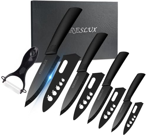 CORESLUX Ceramic Knife Set - 5-Piece Kitchen Set with 6 Chef, 5 Utility, 4 Fruit, 3 Paring Knives, and 1 Peeler - Super Sharp, Rust-Proof, and Stain-Resistant (Black)