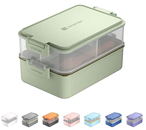 linoroso Lunchbox Erwachsene Brotdose mit 3 Fächern Bento Box mit Soßenbehälter und Geschirr Lunch Box für Mikrowelle und Spülmaschine Kunststoff BPA-frei Als Frühstücksbox Salatbox - Mintgrün