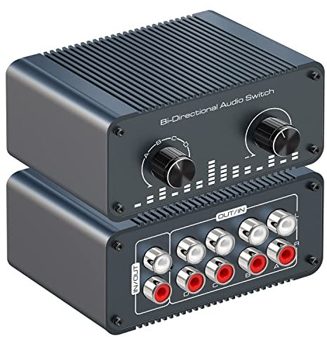 Tendak Bi-Directional RCA L/R Audio Switch Selector 4 In 1 Out / 1 In 4 Out Geräuschloser Analog Stereo Audio Umschalter mit Lautstärkeregler, Sound Verteiler Splitter für Lautsprecher Kopfhörer PC