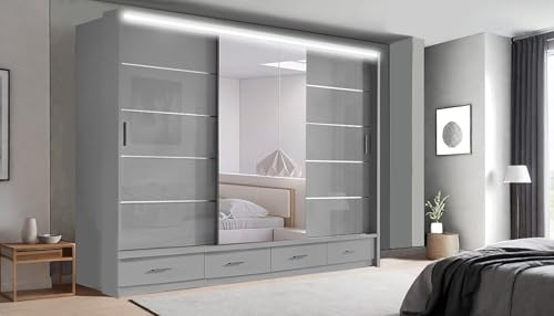 RAC3 Race to Road Modern Bedroom Sliding Wardrobe with LED Light - Ample Storage Space and Sleek Design comes in White/Grey/Black and Width 205cm/256cm. (Grey, 256cm)
