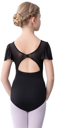Bezioner Ballettkleidung Mädchen, Ballett Trikot Kinder Mesh Ballettanzug Puffärmel TanzBody for 2-10 Jahre Schwarz 130(6-8 Jahre)
