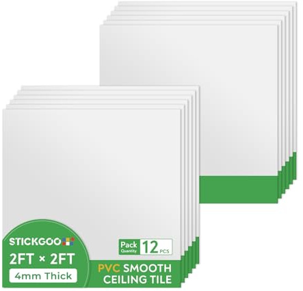 STICKGOO Smooth Drop Ceiling Tiles 2ft x 2ft, PVC Ceiling Tile 24 x 24in - Waterproof, Fire-Rated to Prevent Breakage - Package of 12 Tiles Cover 48 Sq. Ft, White