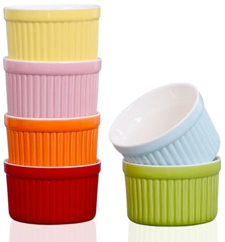 YAZYLIFE Ramekins 4oz,Ramekins for Creme Brulee and Souffle Dishes,Porcelain Oven Safe Baking Bowls,Pudding Cups,Set of 6,Color