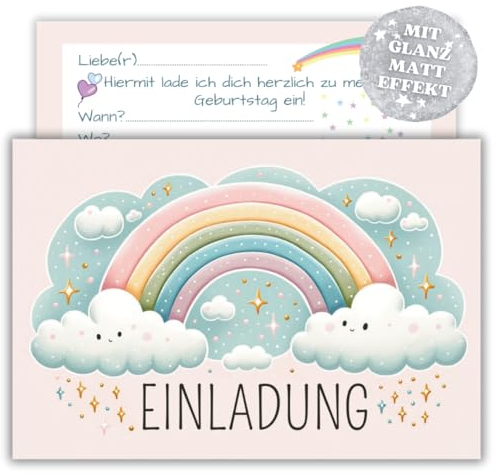 PRINTNOVIA 12x Pastellfarbene Regenbogen-Einladungskarten - Sanftes Design für Kindergeburtstag & Partys, Perfekt für Farbenfrohe & Stilvolle Feiern - Elegantes Einladungsset