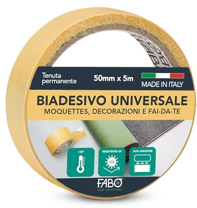 FABO Tape Solutions Fabo Ruban adhésif double face universel résistant 5 mètres x 50 mm pour moquette, tapis, décoration, bricolage facile à installer et à enlever. Fabriqué en Italie