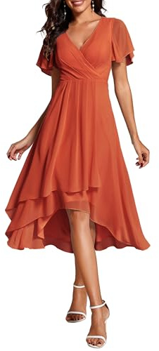 Ever-Pretty Vestidos de Invitada de Boda Elegantes Vestidos de Noche de Gasa Mujer Midi Cortos Vestidos de Novia Naranja 48