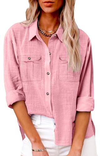 Chemise Femme Chic Et Élégant Blouse Coton Femme Grande Taille Chemise en Lin Blanc Femme Chemise en Jean Femme Grise Chemisier Longue pour Femme Chemisier Femme Grande Taille Rose L