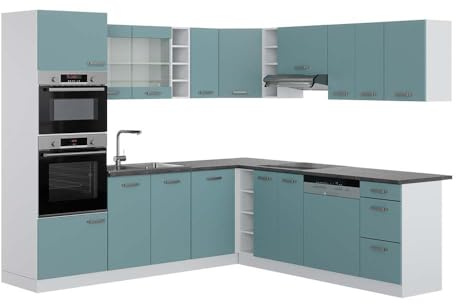Vicco Eckküche R-Line, Blau-Grau, 247 x 60 cm, AP Anthrazit, für Flexible Anordnung und modulare Erweiterung