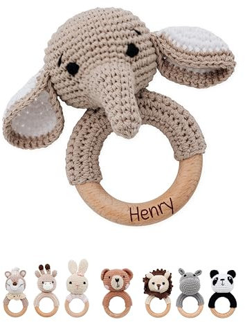 Bärenfreunde® - Personalisierter Beißring Baby - Niedlicher Greifling für Baby's ab 0 Monate - Babyrassel mit Name als Baby Geschenk für Mädchen und Jungen (Elefant,ohne Name)
