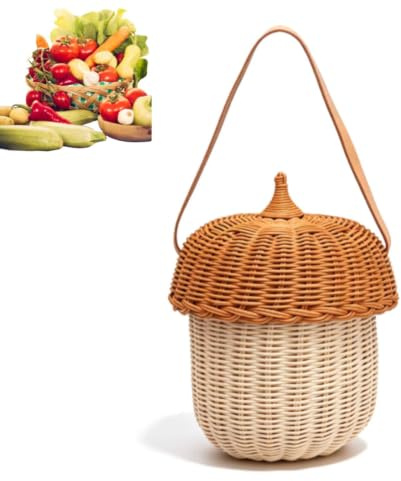 Cesta para colgar en la pared, bolsa en forma de bellota, cesta de bellota, cesta de almacenamiento de mimbre hecha a mano con tapa, bolsa de cesta de almacenamiento de mimbre (Large Handbag)