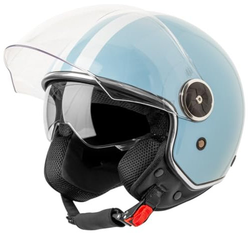 VINZ Arenas Jethelm mit Doppelvisier | Roller Helm mit Streifen & mit Sonnenblende | In Gr. XS-XXL | ECE 22.06 Zertifiziert | Motorradhelm mit Visier | Viele Farben Erhältlich - Hellblau