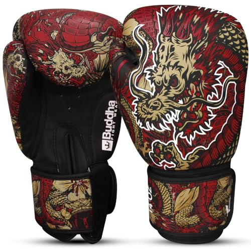 BUDDHA FIGHT WEAR - Dragon röda boxningshandskar designade för träning och sparring i Muay Thai Kickboxing Fitness - herr och dam - 350 ml