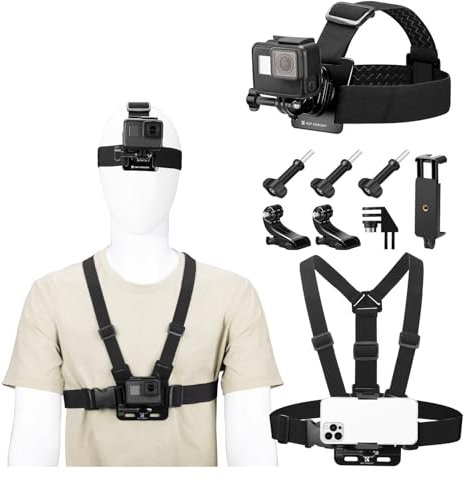 K&F CONCEPT Kit de Accesorios para Cámara de Acción Compatible con GoPro Hero 13 12 11 10 9 Insta360 dji Osmo 360 Action Teléfono Movil, Incluye Arnes Pecho, Correa de Cabeza, Clip de Teléfono Movil