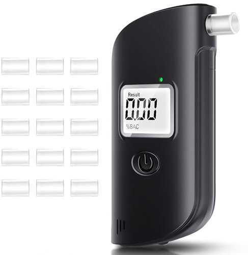 Eosbird Professional Alcohol Tester Breathalyzer with 15 Mouthpieces, Digital Breathalyser with LCD Screen Suitable for Private and Professional Use (Black)