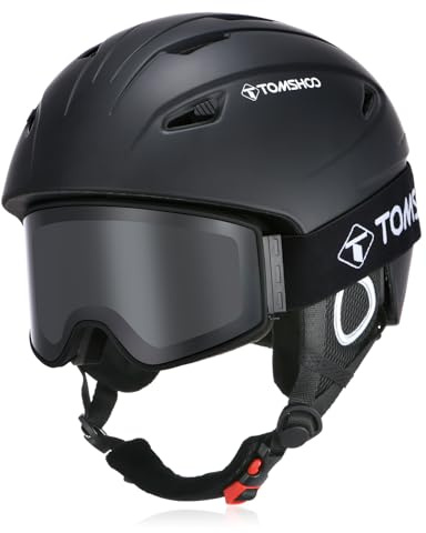 TOMSHOO Skihelm Set, Snowboard Helm mit Skibrille, Ohrenschützer, Belüftungsöffnungen, Ski Helmet & Goggle für Herren Damen, M, Schwarz