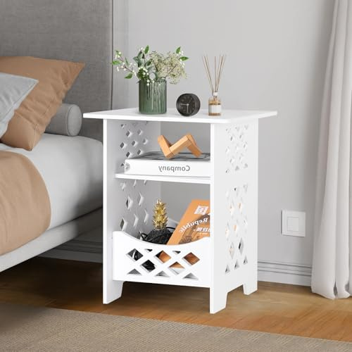 YARUKIMA Small White Bedside Table, Nightstand for Bedroom, Sofa Side Desk with Storage Shelf, Living Room Mini Square Table,Slim Coffee EndTable for Small Spaces, Living Room, Balcony & Bathroom