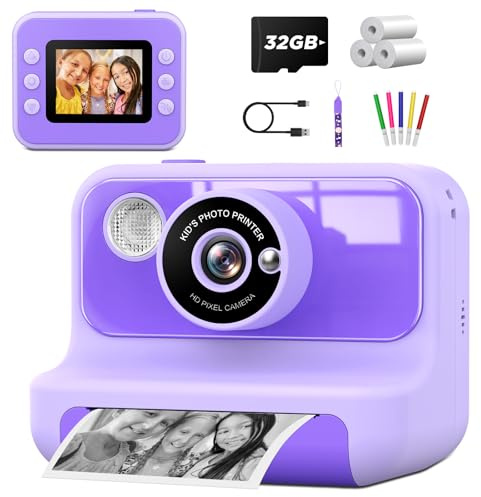 Appareil Photo Enfant Instantané,LETSHAHA 1080P 20MP 10X Appareil Photo Instantané Enfant avec 3 Rouleaux Papier Thermique Noir Blanc, Carte 32 Go,Cadeau pour Enfants de 3 à 12 Ans Garçons et Filles