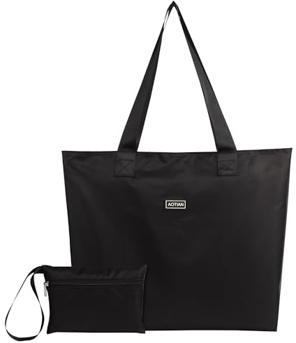 AOTIAN Large Capacity Reusable Grocery Shopping Bag with Zip Women's Ultra-light Foldable Handbag Tote Travel Shoulder Bag with Small Purse Beach Bag Gymbag, Black