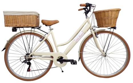 Cicli Tessari - bicicletta da donna bici da città city bike da passeggio 28'' con cambio vintage retro' con cesto in vimini e cassetta (beige)