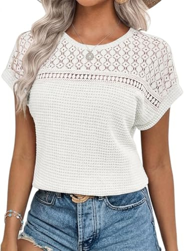 Chicrise Tshirt Femme Eté Dentelle Manches Courtes Blouse Col Rond Casual Hauts Elégante Crochet