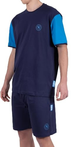 SSC Napoli, Pigiama Homewear Corto Girocollo in Jersey, 100% Cotone, Unisex, Blu, con Logo del Napoli, Taglia XL
