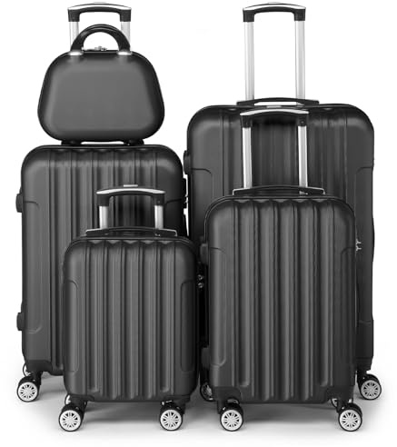 Bonnlo Set de 5 Valises avec Vanity Case，Valises de Voyage, Set Valise ABS avec Les Coins Renforcé et roulettes Pivotantes 360°, Noir