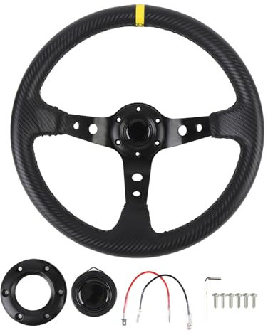 TKSE Volante da Corsa per Auto da 14 Pollici in PVC, Volante Sportivo Universale in Fibra di Carbonio con Pulsante Clacson per Adattatore a 6 Fori (Giallo)